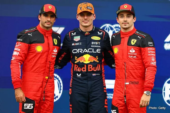 SPIELBERG, AUSTRIA - JUNE 30: (L-R) Second placed qualifier Charles Leclerc of Monaco and Ferrari, Pole Position qualifier Max Verstappen of the Netherlands and Oracle Red Bull Racing and Third placed qualifier Carlos Sainz of Spain and Ferrari celebrate in parc ferme during qualifying ahead of the F1 Grand Prix of Austria at Red Bull Ring on June 30, 2023 in Spielberg, Austria. (Photo by Mark Thompson/Getty Images)
