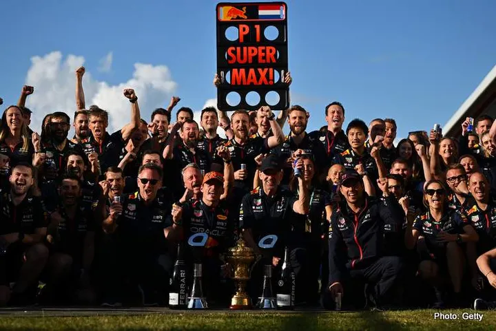 NORTHAMPTON, ENGLAND - JULY 09: Race winner Max Verstappen of the Netherlands and Oracle Red Bull Racing and the Red Bull Racing team celebrate after the F1 Grand Prix of Great Britain at Silverstone Circuit on July 09, 2023 in Northampton, England. (Photo by Dan Mullan/Getty Images)