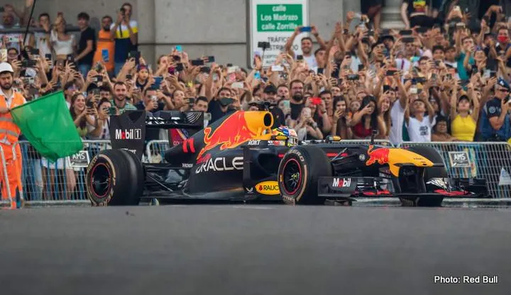Checo Perez performs during Red Bull Showrun in Madrid, Spain on 15 July 2023.