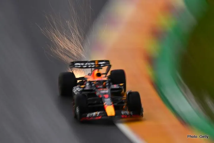 SPA, BELGIUM - JULY 28: Sparks fly behind Max Verstappen of the Netherlands driving the (1) Oracle Red Bull Racing RB19 during qualifying ahead of the F1 Grand Prix of Belgium at Circuit de Spa-Francorchamps on July 28, 2023 in Spa, Belgium. (Photo by Dan Mullan/Getty Images)