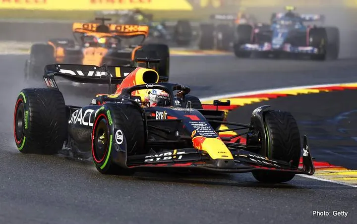 SPA, BELGIUM - JULY 29: Max Verstappen of the Netherlands driving the (1) Oracle Red Bull Racing RB19 leads Oscar Piastri of Australia driving the (81) McLaren MCL60 Mercedes during the Sprint ahead of the F1 Grand Prix of Belgium at Circuit de Spa-Francorchamps on July 29, 2023 in Spa, Belgium. (Photo by Francois Nel/Getty Images)