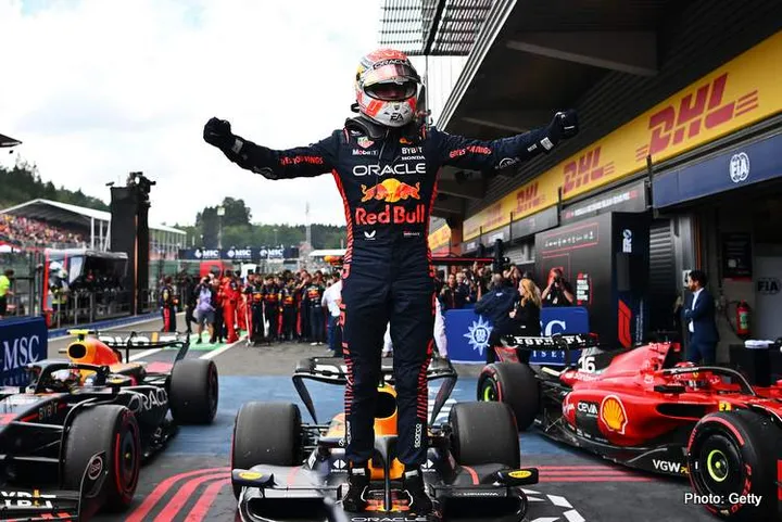 SPA, BELGIUM - JULY 30: Race winner Max Verstappen of the Netherlands and Oracle Red Bull Racing celebrates in parc ferme during the F1 Grand Prix of Belgium at Circuit de Spa-Francorchamps on July 30, 2023 in Spa, Belgium. (Photo by Dan Mullan/Getty Images)