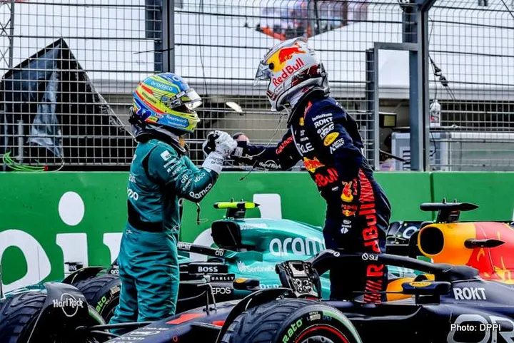 2RMAR9N VERSTAPPEN Max (ned), Red Bull Racing RB19, portrait ALONSO Fernando (spa), Aston Martin F1 Team AMR23, portrait during the 2023 Formula 1 Heineken Dutch Grand Prix, 13th round of the 2023 Formula One World Championship from August 25 to 28, 2023 on the Zandvoort Circuit, in Zandvoort, Netherlands - Photo Gregory Lenormand/DPPI Credit: DPPI Media/Alamy Live News