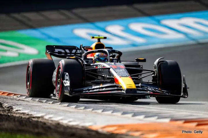 ZANDVOORT, NETHERLANDS - AUGUST 26: Sergio Perez of Mexico and Red Bull Racing  during qualifying ahead of the F1 Grand Prix of The Netherlands at Circuit Zandvoort on August 26, 2023 in Zandvoort, Netherlands. (Photo by Peter Fox/Getty Images) // Getty Images / Red Bull Content Pool // SI202308260451 // Usage for editorial use only //