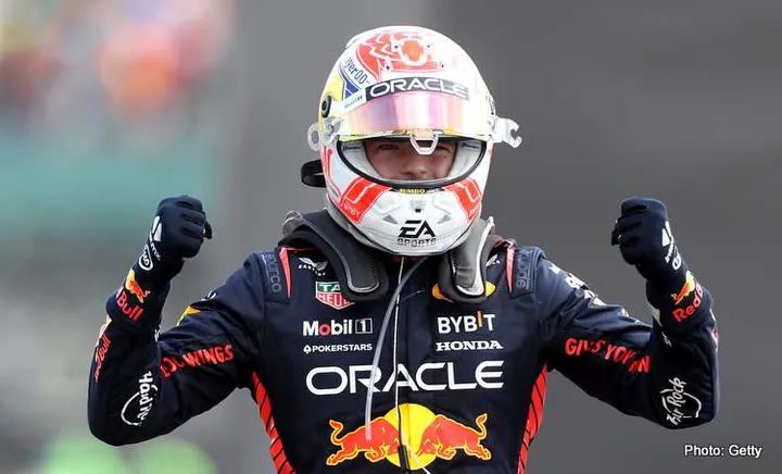 NORTHAMPTON, ENGLAND - JULY 09: Race winner Max Verstappen of the Netherlands and Oracle Red Bull Racing celebrates in parc ferme during the F1 Grand Prix of Great Britain at Silverstone Circuit on July 09, 2023 in Northampton, England. (Photo by Peter Fox/Getty Images)