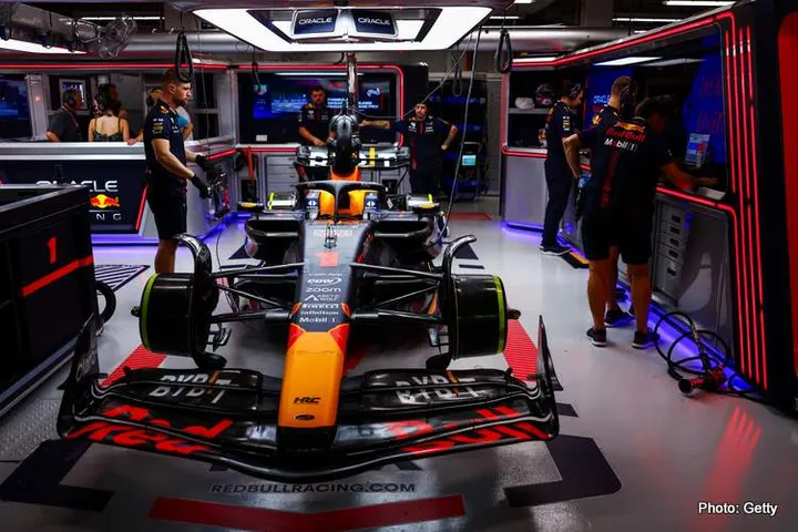 SINGAPORE, SINGAPORE - SEPTEMBER 16: The car of Max Verstappen of the Netherlands and Oracle Red Bull Racing is seen in the garage prior to qualifying ahead of the F1 Grand Prix of Singapore at Marina Bay Street Circuit on September 16, 2023 in Singapore, Singapore. (Photo by Mark Thompson/Getty Images)