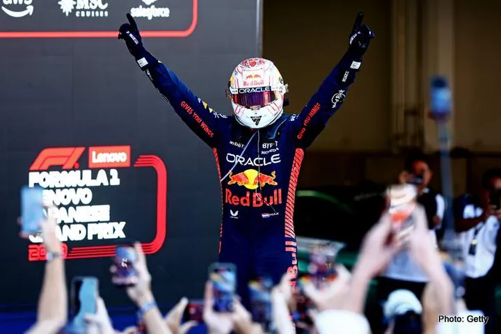 SUZUKA, JAPAN - SEPTEMBER 24: Race winner Max Verstappen of the Netherlands and Oracle Red Bull Racing celebrates in parc ferme during the F1 Grand Prix of Japan at Suzuka International Racing Course on September 24, 2023 in Suzuka, Japan. (Photo by Clive Rose/Getty Images) // Getty Images / Red Bull Content Pool // SI202309240176 // Usage for editorial use only //