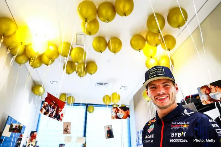 LUSAIL CITY, QATAR - OCTOBER 08: 2023 F1 World Drivers Champion Max Verstappen of the Netherlands and Oracle Red Bull Racing poses for a photo in his driver room prior to the F1 Grand Prix of Qatar at Lusail International Circuit on October 08, 2023 in Lusail City, Qatar. (Photo by Mark Thompson/Getty Images) *** BESTPIX *** // Getty Images / Red Bull Content Pool // SI202310080558 // Usage for editorial use only //