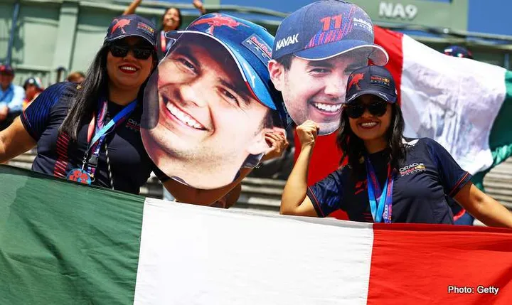 MEXICO CITY, MEXICO - OCTOBER 28: Fans of Sergio Perez of Mexico and Oracle Red Bull Racing show their support  during final practice ahead of the F1 Grand Prix of Mexico at Autodromo Hermanos Rodriguez on October 28, 2023 in Mexico City, Mexico. (Photo by Mark Thompson/Getty Images)
