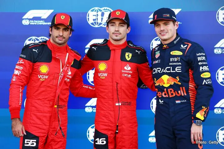 MEXICO CITY, MEXICO - OCTOBER 28: Pole position qualifier Charles Leclerc of Monaco and Ferrari, Second placed qualifier Carlos Sainz of Spain and Ferrari and Third placed qualifier Max Verstappen of the Netherlands and Oracle Red Bull Racing pose for a photo in parc ferme during qualifying ahead of the F1 Grand Prix of Mexico at Autodromo Hermanos Rodriguez on October 28, 2023 in Mexico City, Mexico. (Photo by Mark Thompson/Getty Images) qualifying