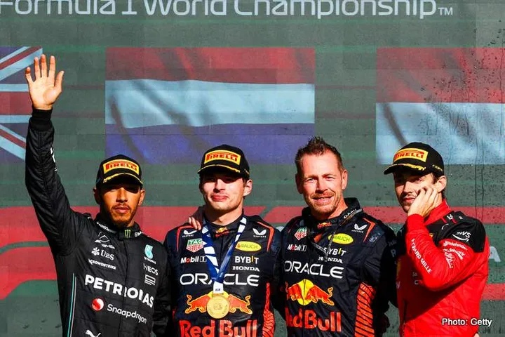 MEXICO CITY, MEXICO - OCTOBER 29: Race winner Max Verstappen of the Netherlands and Oracle Red Bull Racing, Second placed Lewis Hamilton of Great Britain and Mercedes, Third placed Charles Leclerc of Monaco and Ferrari and Richard Wolverson of Red Bull Racing celebrate on the podium after the F1 Grand Prix of Mexico at Autodromo Hermanos Rodriguez on October 29, 2023 in Mexico City, Mexico. (Photo by Mark Thompson/Getty Images)