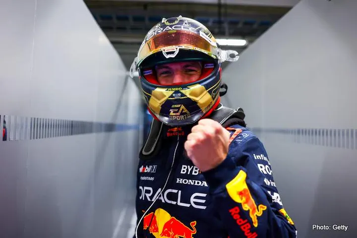 SAO PAULO, BRAZIL - NOVEMBER 03: Pole position qualifier Max Verstappen of the Netherlands and Oracle Red Bull Racing celebrates in the garage during qualifying ahead of the F1 Grand Prix of Brazil at Autodromo Jose Carlos Pace on November 03, 2023 in Sao Paulo, Brazil. (Photo by Mark Thompson/Getty Images)