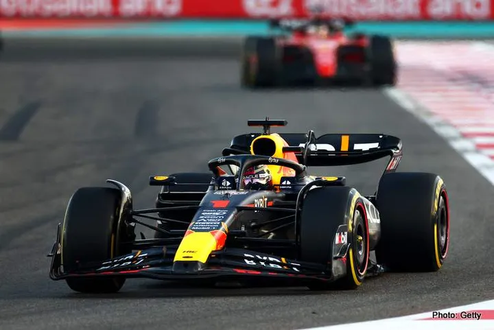 ABU DHABI, UNITED ARAB EMIRATES - NOVEMBER 26: Max Verstappen of the Netherlands driving the (1) Oracle Red Bull Racing RB19 on track during the F1 Grand Prix of Abu Dhabi at Yas Marina Circuit on November 26, 2023 in Abu Dhabi, United Arab Emirates. (Photo by Clive Rose/Getty Images)