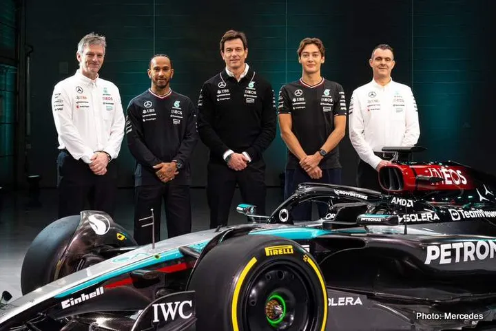 mercedes f1 team launch w15 russell allison hamilton wolff schumacher