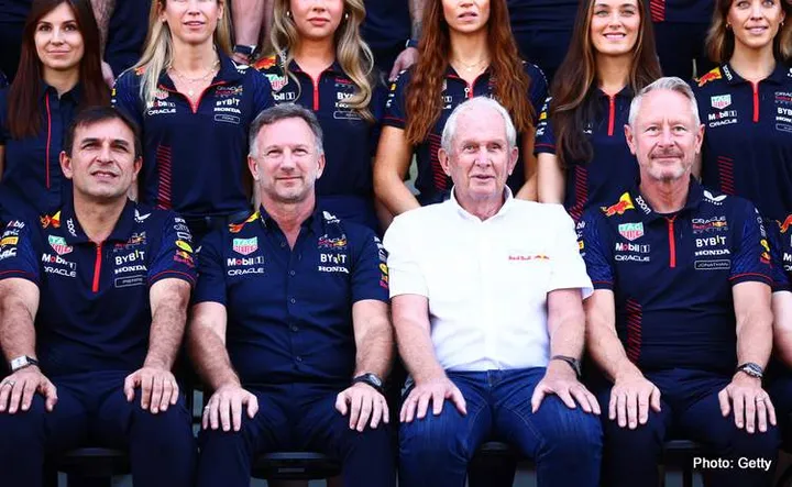 ABU DHABI, UNITED ARAB EMIRATES - NOVEMBER 26: Pierre Wache, Chief Engineer of Performance Engineering at Red Bull Racing, Red Bull Racing Team Principal Red Bull Racing Team Consultant Dr Helmut Marko and Red Bull Racing Sporting Director Jonathan Wheatley pose at the Red Bull Racing Team Photo prior to the F1 Grand Prix of Abu Dhabi at Yas Marina Circuit on November 26, 2023 in Abu Dhabi, United Arab Emirates. (Photo by Clive Rose/Getty Images)