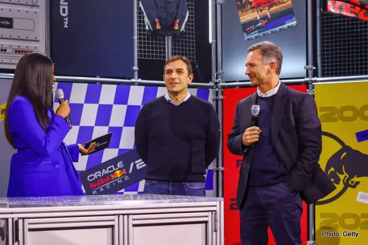 MILTON KEYNES, ENGLAND - FEBRUARY 15: Red Bull Racing Team Principal Christian Horner talks with Adrian Newey, the Chief Technical Officer of Red Bull Racing and Pierre Wache, Chief Engineer of Performance Engineering at Red Bull Racing during the Oracle Red Bull Racing RB20 car launch at Red Bull Racing Factory on February 15, 2024 in Milton Keynes, England. (Photo by Mark Thompson/Getty Images for Red Bull Racing) // SI202402150773 // Usage for editorial use only //