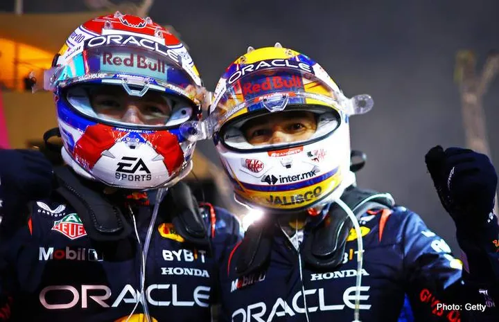 BAHRAIN, BAHRAIN - MARCH 02: Race winner Max Verstappen of the Netherlands and Oracle Red Bull Racing and Second placed Sergio Perez of Mexico and Oracle Red Bull Racing celebrate in parc ferme during the F1 Grand Prix of Bahrain at Bahrain International Circuit on March 02, 2024 in Bahrain, Bahrain. (Photo by Mark Thompson/Getty Images) // Getty Images / Red Bull Content Pool // SI202403020500 // Usage for editorial use only //