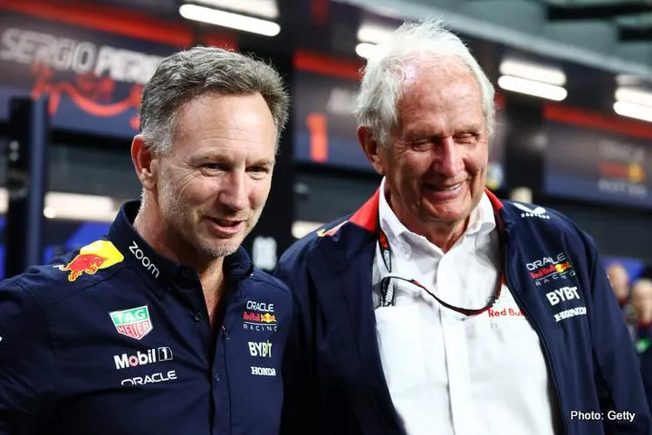 JEDDAH, SAUDI ARABIA - MARCH 09: Oracle Red Bull Racing Team Principal Christian Horner and Oracle Red Bull Racing Team Consultant Dr Helmut Marko look on in parc ferme during the F1 Grand Prix of Saudi Arabia at Jeddah Corniche Circuit on March 09, 2024 in Jeddah, Saudi Arabia. (Photo by Clive Rose/Getty Images)