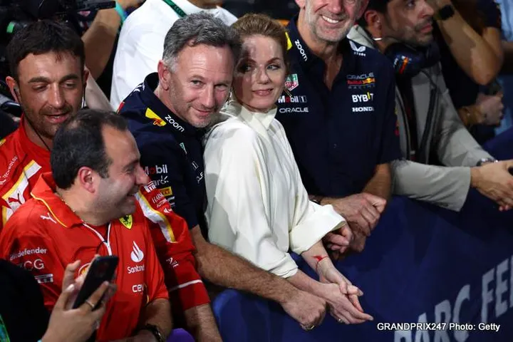 JEDDAH, SAUDI ARABIA - MARCH 09: Oracle Red Bull Racing Team Principal Christian Horner and Wife, Geri Horner enjoy the podium celebrations in Parc Ferme after the F1 Grand Prix of Saudi Arabia at Jeddah Corniche Circuit on March 09, 2024 in Jeddah, Saudi Arabia. (Photo by Clive Rose/Getty Images)