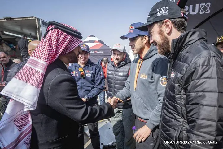 Mohammed bin Sulayem, Geniel De Villiers and Lucas Moraes are seen during the rest day of Rally Dakar2023 in Riyadh, Saudi Arabia on January 09, 2023 // Marcelo Maragni / Red Bull Content Pool // SI202301090260 // Usage for editorial use only //
