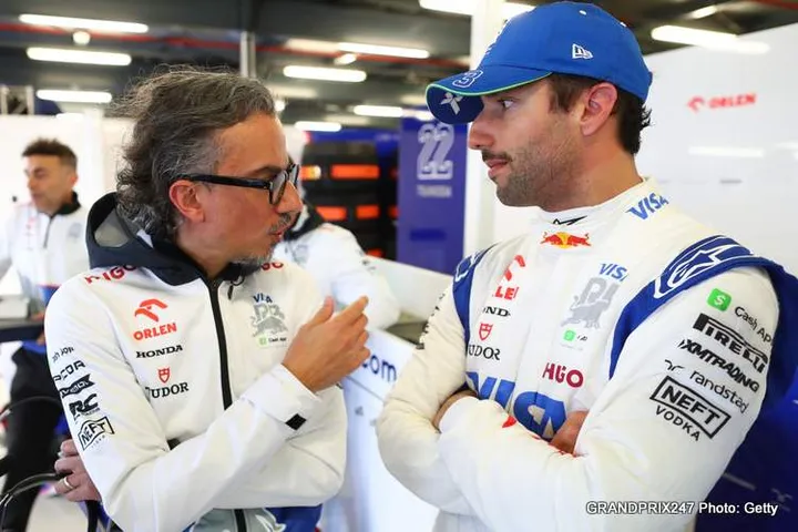 MELBOURNE, AUSTRALIA - MARCH 22: Laurent Mekies of Visa Cash App RB talks to Daniel Ricciardo of Australia and Visa Cash App RB during practice ahead of the F1 Grand Prix of Australia at Albert Park Circuit on March 22, 2024 in Melbourne, Australia. (Photo by Peter Fox/Getty Images)