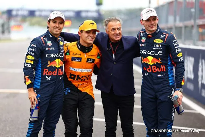 SUZUKA, JAPAN - APRIL 06: Pole position qualifier Max Verstappen of the Netherlands and Oracle Red Bull Racing (R), Second placed qualifier Sergio Perez of Mexico and Oracle Red Bull Racing (L), Third placed qualifier Lando Norris of Great Britain and McLaren (second from left) and Jean Alesi (second from right) pose for a photo in parc ferme during qualifying ahead of the F1 Grand Prix of Japan at Suzuka International Racing Course on April 06, 2024 in Suzuka, Japan. (Photo by Mark Thompson/Getty Images)