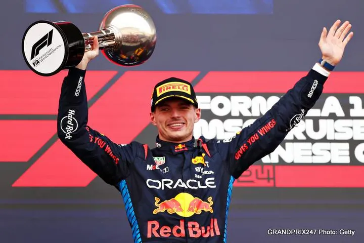 SUZUKA, JAPAN - APRIL 07: Race winner Max Verstappen of the Netherlands and Oracle Red Bull Racing celebrates on the podium during the F1 Grand Prix of Japan at Suzuka International Racing Course on April 07, 2024 in Suzuka, Japan. (Photo by Peter Fox/Getty Images) // Getty Images / Red Bull Content Pool // SI202404070317 // Usage for editorial use only //