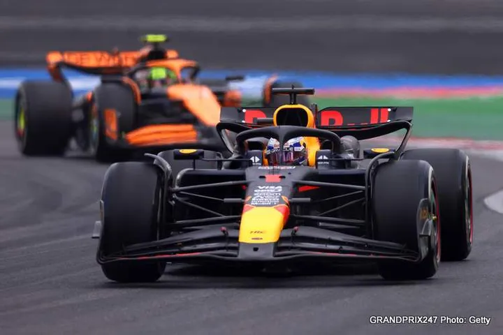 SHANGHAI, CHINA - APRIL 21: Max Verstappen of the Netherlands driving the (1) Oracle Red Bull Racing RB20 leads Lando Norris of Great Britain driving the (4) McLaren MCL38 Mercedes on track during the F1 Grand Prix of China at Shanghai International Circuit on April 21, 2024 in Shanghai, China. (Photo by Lars Baron/Getty Images)