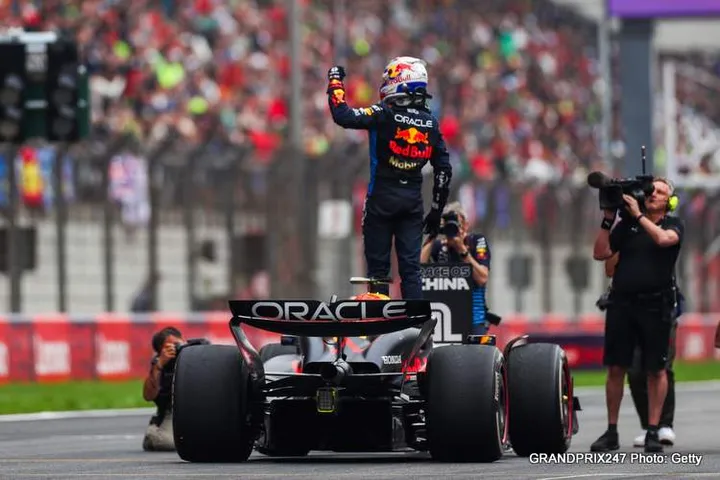 SHANGHAI, CHINA - APRIL 21: Max Verstappen of Oracle Red Bull Racing and The Netherlands celebrates finishing in first position in parc ferme during the F1 Grand Prix of China at Shanghai International Circuit on April 21, 2024 in Shanghai, China. (Photo by Peter Fox/Getty Images)