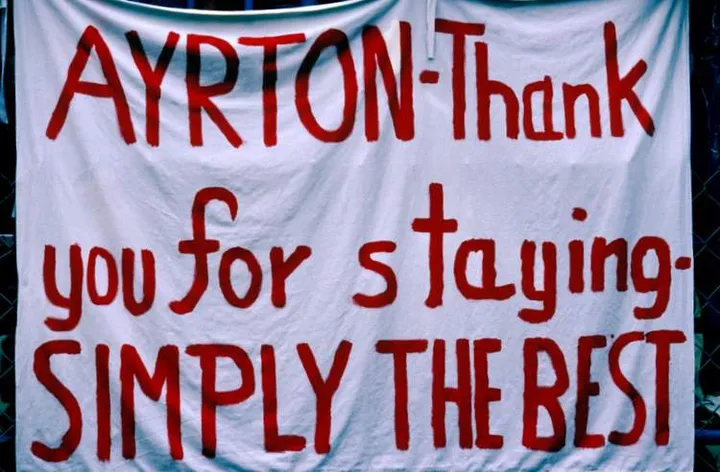 A message of thanks from Ayrton Senna (BRA) McLaren fans who were pleased to see him stay in F1, albeit on a race-by race basis, and go on to take arguably his greatest ever victory in the only GP to be held at Donington. European Grand Prix, Donington Park, England, 11 April 1993. BEST IMAGE