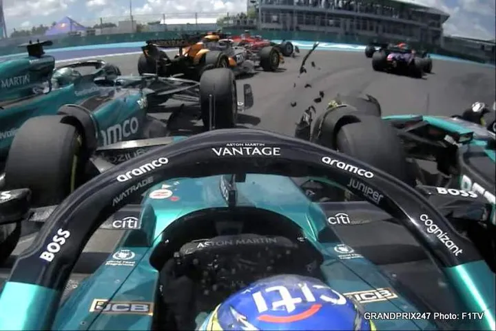 alonso hamilton norris miami sprint race crash