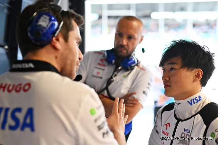 MIAMI, FLORIDA - MAY 03: Yuki Tsunoda of Japan and Visa Cash App RB prepares to drive in the garage during Sprint Qualifying ahead of the F1 Grand Prix of Miami at Miami International Autodrome on May 03, 2024 in Miami, Florida. (Photo by Rudy Carezzevoli/Getty Images)