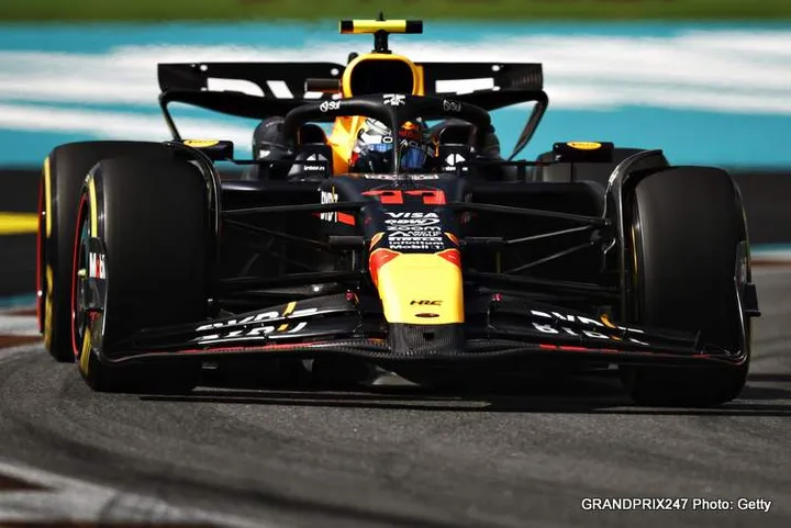 MIAMI, FLORIDA - MAY 03: Sergio Perez of Mexico driving the (11) Oracle Red Bull Racing RB20 on track during Sprint Qualifying ahead of the F1 Grand Prix of Miami at Miami International Autodrome on May 03, 2024 in Miami, Florida. (Photo by Chris Graythen/Getty Images)