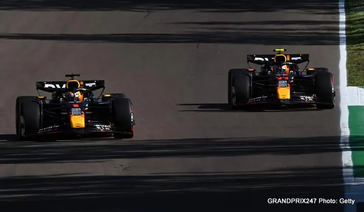 IMOLA, ITALY - MAY 17: Max Verstappen of the Netherlands driving the (1) Oracle Red Bull Racing RB20 and Sergio Perez of Mexico driving the (11) Oracle Red Bull Racing RB20 on track during practice ahead of the F1 Grand Prix of Emilia-Romagna at Autodromo Enzo e Dino Ferrari Circuit on May 17, 2024 in Imola, Italy. (Photo by Rudy Carezzevoli/Getty Images)