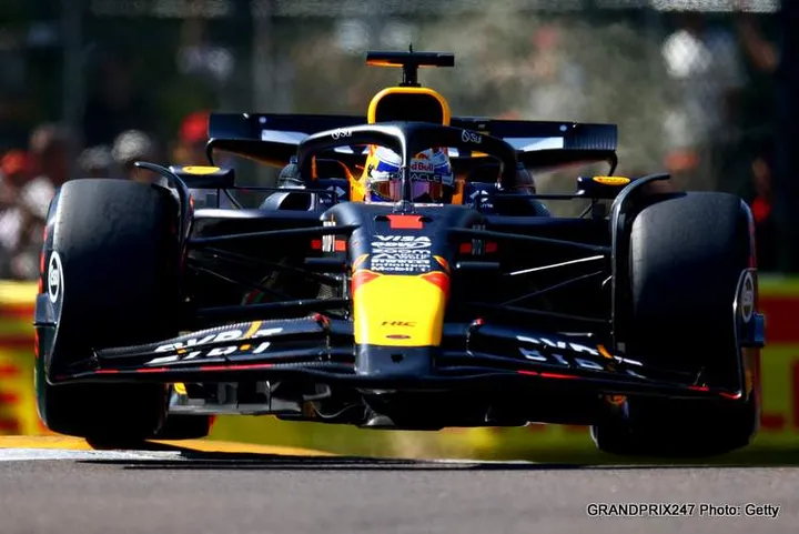 IMOLA, ITALY - MAY 18: Max Verstappen of the Netherlands driving the (1) Oracle Red Bull Racing RB20 on track during qualifying ahead of the F1 Grand Prix of Emilia-Romagna at Autodromo Enzo e Dino Ferrari Circuit on May 18, 2024 in Imola, Italy. (Photo by Clive Rose/Getty Images)