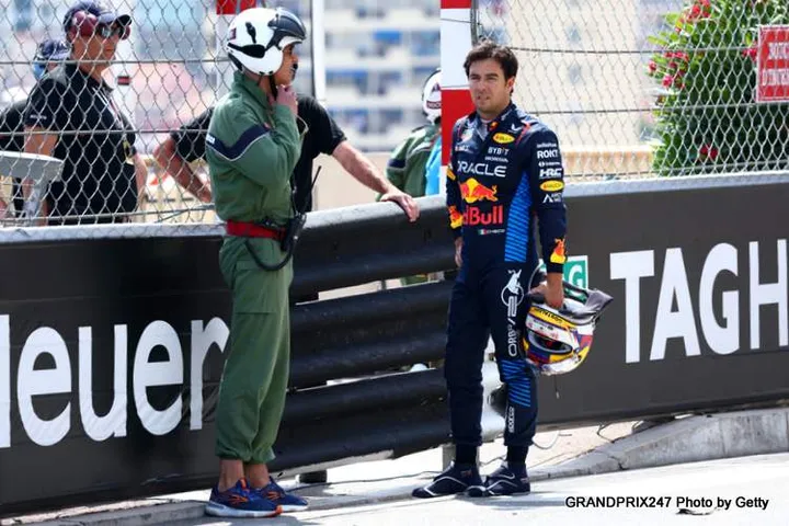 MONTE-CARLO, MONACO - MAY 26: Sergio Perez of Mexico and Oracle Red Bull Racing looks on after crashing at the start during the F1 Grand Prix of Monaco at Circuit de Monaco on May 26, 2024 in Monte-Carlo, Monaco. (Photo by Clive Rose/Getty Images)