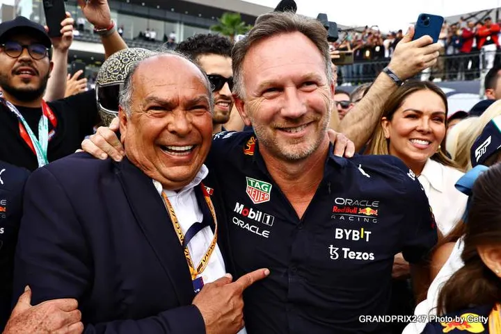 MEXICO CITY, MEXICO - OCTOBER 30: Red Bull Racing Team Principal Christian Horner and Antonio Perez Garibay celebrate in parc ferme during the F1 Grand Prix of Mexico at Autodromo Hermanos Rodriguez on October 30, 2022 in Mexico City, Mexico. (Photo by Mark Thompson/Getty Images )