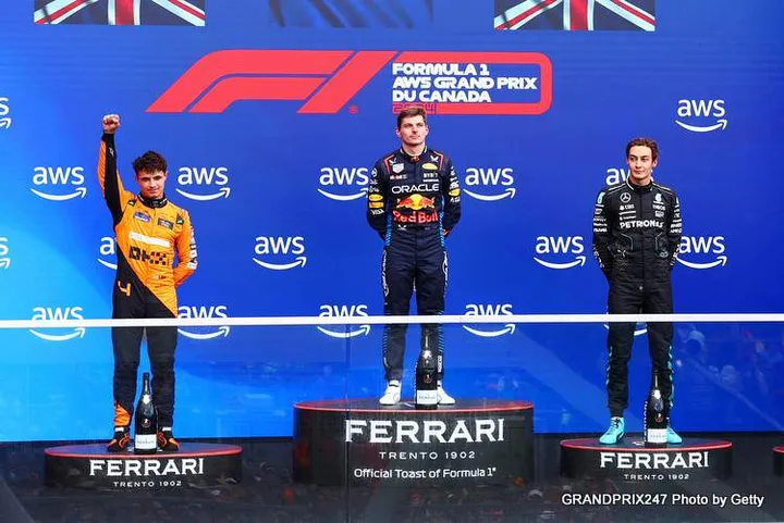 MONTREAL, QUEBEC - JUNE 09: Race winner Max Verstappen of the Netherlands and Oracle Red Bull Racing, Second placed Lando Norris of Great Britain and McLaren and Third placed George Russell of Great Britain and Mercedes celebrate on the podium after the F1 Grand Prix of Canada at Circuit Gilles Villeneuve on June 09, 2024 in Montreal, Quebec. (Photo by Clive Rose/Getty Images) // Getty Images / Red Bull Content Pool // SI202406091119 // Usage for editorial use only //