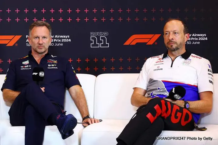 SPIELBERG, AUSTRIA - JUNE 28: Mike Krack, Team Principal of the Aston Martin F1 Team, Director of Pirelli F1 Mario Isola, Oracle Red Bull Racing Team Principal Christian Horner and Peter Bayer, CEO of Visa Cash App RB attend the Team Principals Press Conference during practice ahead of the F1 Grand Prix of Austria at Red Bull Ring on June 28, 2024 in Spielberg, Austria. (Photo by Clive Rose/Getty Images)
