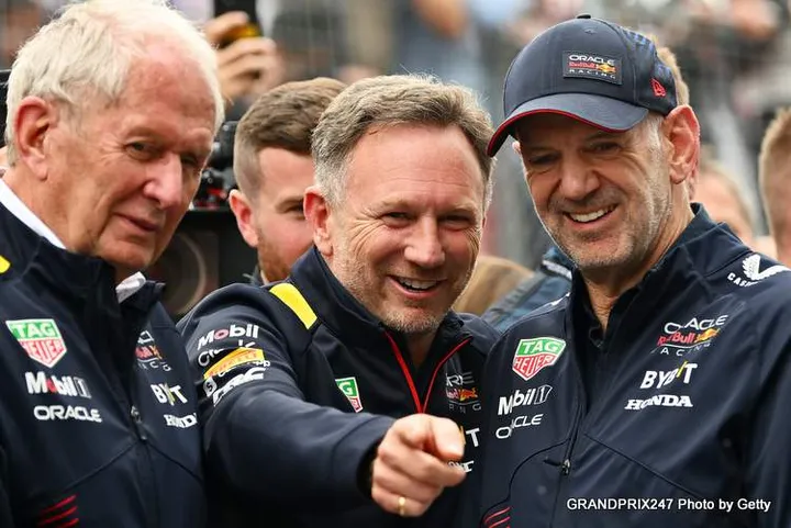 MONTREAL, QUEBEC - JUNE 18: Red Bull Racing Team Consultant Dr Helmut Marko, Red Bull Racing Team Principal Christian Horner and Adrian Newey, the Chief Technical Officer of Red Bull Racing celebrate in parc ferme during the F1 Grand Prix of Canada at Circuit Gilles Villeneuve on June 18, 2023 in Montreal, Quebec. (Photo by Dan Mullan/Getty Images)
