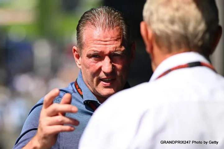 SPIELBERG, AUSTRIA - JUNE 29: Jos Verstappen and Oracle Red Bull Racing Team Consultant Dr Helmut Marko talk in the Paddock prior to the Sprint ahead of the F1 Grand Prix of Austria at Red Bull Ring on June 29, 2024 in Spielberg, Austria. (Photo by Rudy Carezzevoli/Getty Images)