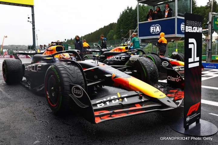 SPA, BELGIUM - JULY 27: Pole position qualifier Max Verstappen of the Netherlands and Oracle Red Bull Racing stops in parc ferme during qualifying ahead of the F1 Grand Prix of Belgium at Circuit de Spa-Francorchamps on July 27, 2024 in Spa, Belgium. (Photo by Mark Thompson/Getty Images)