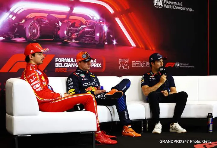 SPA, BELGIUM - JULY 27: Pole position qualifier Max Verstappen of the Netherlands and Oracle Red Bull Racing, Second placed Charles Leclerc of Monaco and Ferrari and Third placed Sergio Perez of Mexico and Oracle Red Bull Racing attend the press conference after qualifying ahead of the F1 Grand Prix of Belgium at Circuit de Spa-Francorchamps on July 27, 2024 in Spa, Belgium. (Photo by Bryn Lennon/Getty Images)
