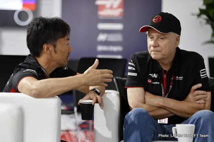 CIRCUIT OF THE AMERICAS, UNITED STATES OF AMERICA - OCTOBER 21: Ayao Komatsu, Chief Engineer, Haas F1 Team and Gene Haas, Owner and Founder, Haas F1 Team during the United States GP at Circuit of the Americas on Saturday October 21, 2023 in Austin, United States of America. (Photo by Andy Hone / LAT Images)