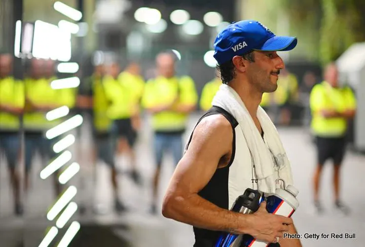 SINGAPORE, SINGAPORE - SEPTEMBER 22: 18th Placed Daniel Ricciardo of Australia and Visa Cash App RB looks on in the Paddock after the F1 Grand Prix of Singapore at Marina Bay Street Circuit on September 22, 2024 in Singapore, Singapore. (Photo by Rudy Carezzevoli/Getty Images) // Getty Images / Red Bull Content Pool // SI202409220401 // Usage for editorial use only //