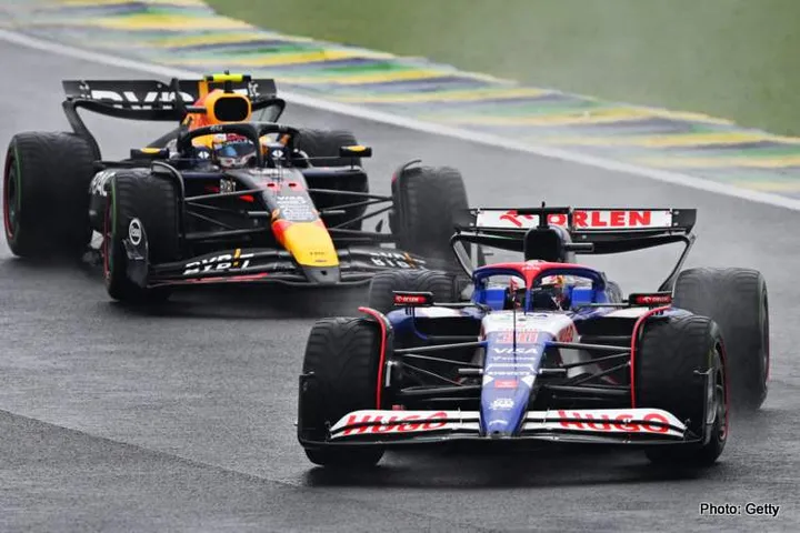 SAO PAULO, BRAZIL - NOVEMBER 03: Liam Lawson of New Zealand driving the (30) Visa Cash App RB VCARB 01 leads Sergio Perez of Mexico driving the (11) Oracle Red Bull Racing RB20 on track during the F1 Grand Prix of Brazil at Autodromo Jose Carlos Pace on November 03, 2024 in Sao Paulo, Brazil. (Photo by Rudy Carezzevoli/Getty Images) // Getty Images / Red Bull Content Pool // SI202411030575 // Usage for editorial use only //