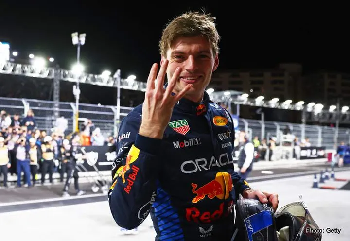 LAS VEGAS, NEVADA - NOVEMBER 23: 2024 F1 World Drivers Champion Max Verstappen of the Netherlands and Oracle Red Bull Racing celebrates in parc ferme during the F1 Grand Prix of Las Vegas at Las Vegas Strip Circuit on November 23, 2024 in Las Vegas, Nevada. (Photo by Mark Thompson/Getty Images) // Getty Images / Red Bull Content Pool // SI202411240332 // Usage for editorial use only //