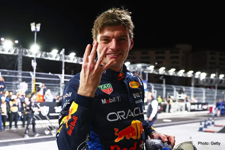 LAS VEGAS, NEVADA - NOVEMBER 23: 2024 F1 World Drivers Champion Max Verstappen of the Netherlands and Oracle Red Bull Racing celebrates in parc ferme during the F1 Grand Prix of Las Vegas at Las Vegas Strip Circuit on November 23, 2024 in Las Vegas, Nevada. (Photo by Mark Thompson/Getty Images) // Getty Images / Red Bull Content Pool // SI202411240332 // Usage for editorial use only //