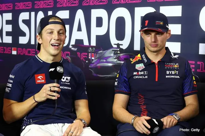 SINGAPORE, SINGAPORE - SEPTEMBER 14: Pierre Gasly of France and Alpine F1, Liam Lawson of New Zealand and Scuderia AlphaTauri, Max Verstappen of the Netherlands and Oracle Red Bull Racing, Fernando Alonso of Spain and Aston Martin F1 Team and Carlos Sainz of Spain and Ferrari  attend the Drivers Press Conference during previews ahead of the F1 Grand Prix of Singapore at Marina Bay Street Circuit on September 14, 2023 in Singapore, Singapore. (Photo by Clive Rose/Getty Images) // Getty Images / Red Bull Content Pool // SI202309140538 // Usage for editorial use only //