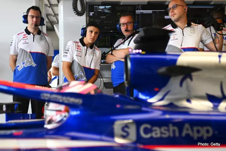 AUSTIN, TEXAS - OCTOBER 18: Isack Hadjar of France and reserve driver for Visa Cash App RB and Jody Egginton, Technical Director of Visa Cash App RB look on in the garage during practice ahead of the F1 Grand Prix of United States at Circuit of The Americas on October 18, 2024 in Austin, Texas. (Photo by Rudy Carezzevoli/Getty Images) // Getty Images / Red Bull Content Pool // SI202410180680 // Usage for editorial use only //
